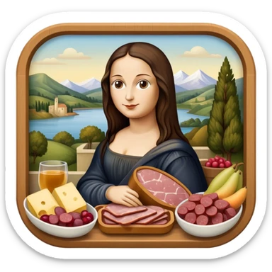  mona lisa with SPAM MEAT charcuterie and fruit tray renaissance landscape sticker