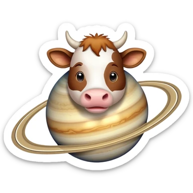 A cute cow with its head and front legs attached to the planet Saturn as its body, with Saturn's distinctive rings circling around the middle sticker