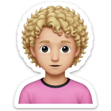 Blonde boy with dirty blonde curly hair in a pink long sleeve shirt with black eyes portrait sticker