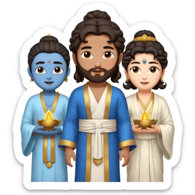 Create a Jesus - long wavy dark-brown hair, short beard, wearing a simple white robe., Krishna- blue skin with dark curled hair , and Buddha standing together. Buddha: warm golden or light tan skin, dark curled hair with a traditional top bun (ushnisha)

 sticker