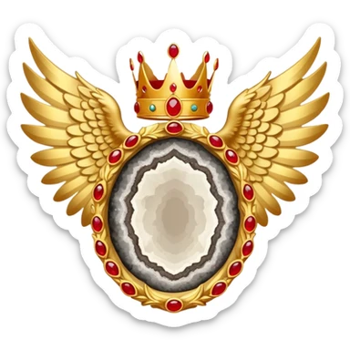 Big onyx geode with red rubby dots inside award-in-frame-decorated-with-big-golden-angel--wings and crown sticker