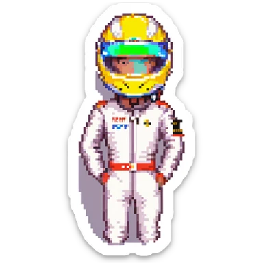 Ayrton Senna, pixel art, profile image, racing driver, helmet under arm, retro arcade style, simple background sticker