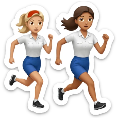 catch me while you can -- a female co-worker running and people trying to catch her sticker