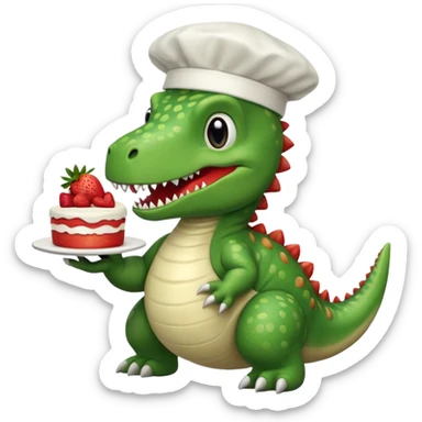 quiero un dinosaurio divertido para niños con delantal y gorro de chef y en la mano una tarta sticker
