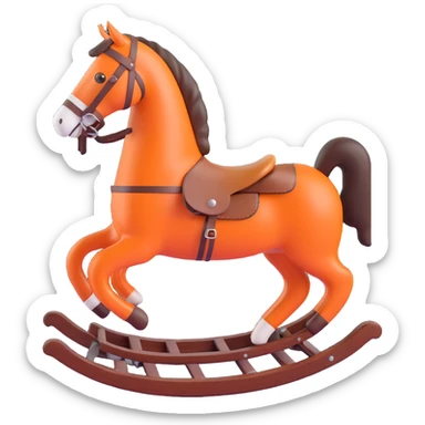 rocking horse, 3D, vintage, dark wood, Hermès orange leather saddle, elegant, no text sticker