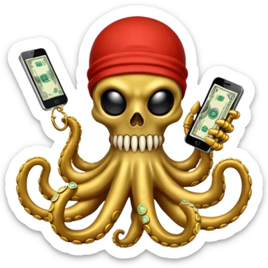 satanic octopus skeleton with scary evil eyes wearing a gold necklace and balaclava. 1 tentacle is holding a cellphone, 1 tentacle is holding a bone, 1 tentacle is holding a stack of cash. sticker