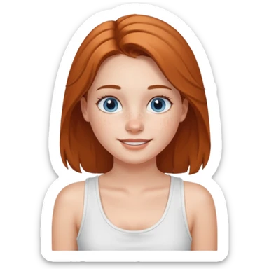 Una chica de tez blanca con pecas, nariz respingada, labios gruesos, ojos grandes color azul grisáceo, pelo largo, lacio, color avellana. Con una blusa de tirantes blanca. Que este sonriendo y q solo se vea de la cintura hacía arriba sticker