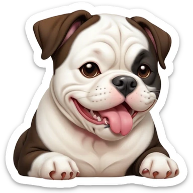 Cinematic Cute Yawning Black and White American Bulldog Portrait Emoji, Head tilted slightly with a dramatic, wide-open yawn, short black and white fur with a velvety texture, floppy ears slightly drooping, round brown eyes barely open in drowsy contentment, Simplified yet irresistibly adorable features, highly detailed, glowing with a soft, cozy glow, high shine, relaxed yet expressive, stylized with a touch of whimsy, bright and endearing, soft glowing outline, capturing the essence of a sleepy yet affectionate pup, so drowsy it feels like it could stretch right out of the screen and curl up for a nap! sticker