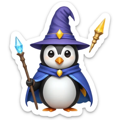penguin dressed as a wizard with a pointy hat and a magic wand, fun emoji style sticker