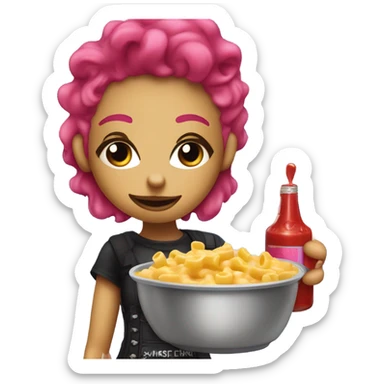 Punk girl with blue and pink hair puts ketchup on Mac n cheese sticker