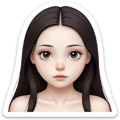 girl with white skin, dark brown long realistic straight hair with middle part prominently falling in front of her body over her shoulders, natural lips with absolutely no cupid's bow and no lip gloss or makeup, big round eyes with very black shiny eyeballs and natural eyelashes, no makeup whatsoever on face, no blush, no eyeshadow, completely bare face, lighter button nose, exceptionally elongated very long oval-shaped face, wearing a pink off-shoulder top, looking directly at camera with hands down at sides sticker