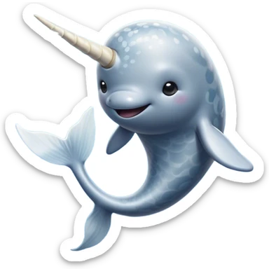 Cinematic Noble Cute Narwhal Portrait Emoji, Poised and graceful, with a streamlined, gently curved body clad in mottled, silvery-gray skin, accented by a long, spiraled ivory tusk and wide, expressive eyes radiating playful intelligence, Simplified yet sharp and sophisticated features, highly detailed, glowing with a cool, frosted ocean glow, high shine, intelligent and enigmatic, stylized with an air of whimsical marine majesty, focused and graceful, soft glowing outline, capturing the essence of a watchful and confident cute narwhal that appears ready to glide out of the screen with effortless charm! sticker