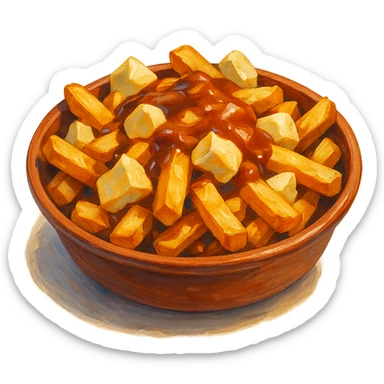 В слега рисованном, но при этом ярком и объемном стиле сгенерируй картинку сочного американского канадского блюда путин, профессионально выставленный свет, который подчеркивает объем, прозрачный фон sticker