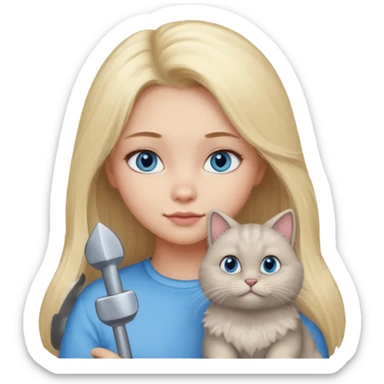 blonde girl with long blonde hair and blue eyes with chubby gray cat sticker