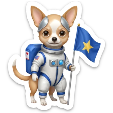 a chihuahua in space suit, holding blue rectangle flag, full body, front view sticker