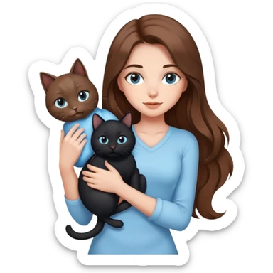 A sexy girl with long hair wearing light blue clothes is holding a black cat sticker