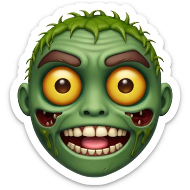 emoji de zumbi realista estilo 3D, pele verde podre, cicatrizes, olhos brilhando, expressão assustadora, fundo transparente sticker