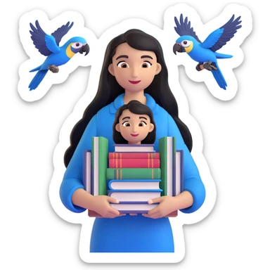 woman with long black hair and light brown skin, holding a stack of books in her arms, blue macaws flying around her, face as the focal point, with the arches of Atalaia Beach subtly in the background sticker