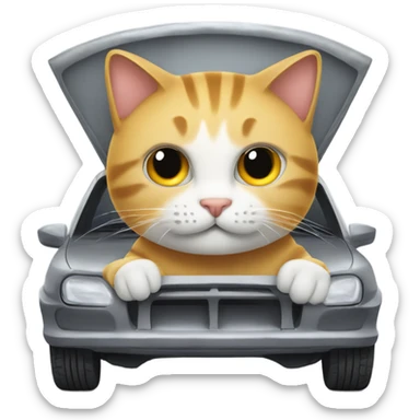 Cat with a wrench on a car hood, emoji style sticker