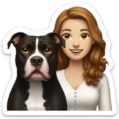white woman with long brown hair and cat shaped eyes standing alongside a happy black pitbull  sticker