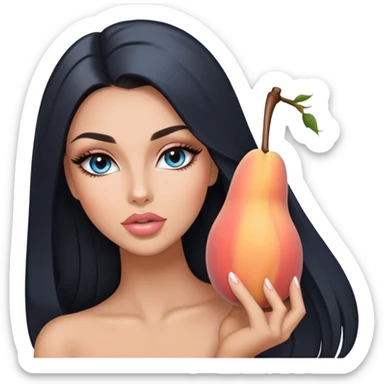 Glamours, tanned, very beautiful girl, with big pump peach-beige-rose lips, long long lashes, black straight smooth silky long hair, straight parting hair, blue-grey eyes sticker