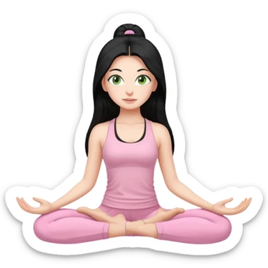 Girl with super long black hair with light green eyes doing yoga with light pink clothes sticker