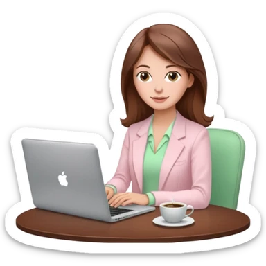  woman character dressed in pastel light pink with laptop and coffee relax table, dollars are floating, white laptop, brownn hair, fair skin,  sticker