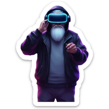 Russian old man wearing a black hoodie with "OMG" letters on it and VR headset in a cyberpunk VR environment with violet neon lighting. sticker