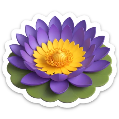 Realistic deep purple lotus flower with detailed layered petals and yellow stamens, floating on authentic lotus pad with characteristic notch and bowl shape sticker