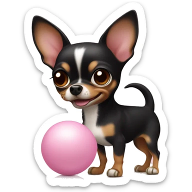 Black and brown chihuahua playing with small light pink ball sticker