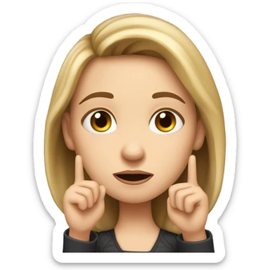 A white girl with an important face brings with two hands with an outstretched index finger to her nose, dissatisfied, two hands showing sticker