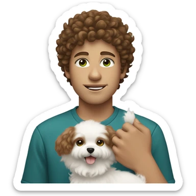 White boy with curly brown hair and blue-ish green eyes holding a small white fluffy dog sticker