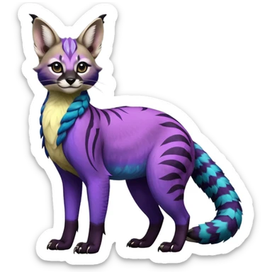 Colorful banana-cream-colored, violet-pointed, tropical tribal glorious iridescent divine exotic cute cool beautiful beautiful fantasy-caracal-civet-genet-sergal-vernid-Gryphon-Cacomistle-Trico-oncilla-animal-Fakémon-hybrid-fursona (full body) sticker