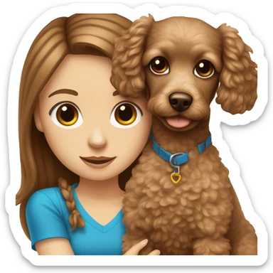 white girl with long straight brown hair and blue eyes holding a toy poodle puppy  sticker