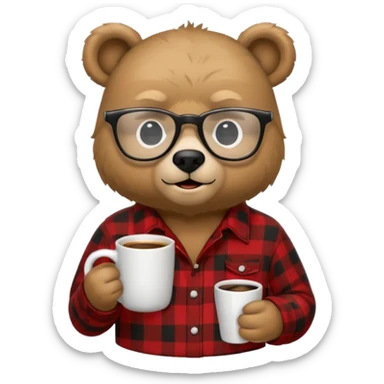 A bear with glasses dressed like a dad holding a coffee mug sticker