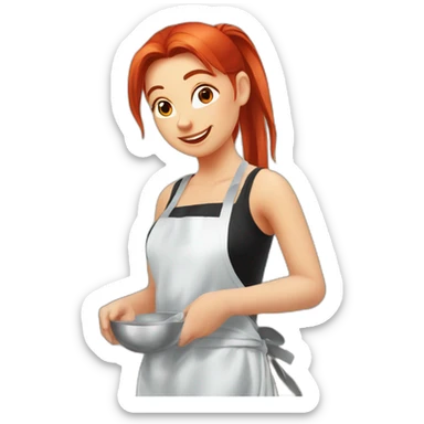 Slavic girl with red hair in a ponytail, white T-shirt and black apron, washes the mirror sticker