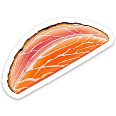 single thin slice of smoked trout, orange-pink hue, delicate marbling, translucent glossy texture, irregular with subtle folds and curved edges, no garnish or plate, soft lighting, subtle shadows, emoji scale sticker