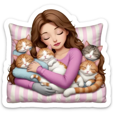 girl with long wavy brown hair, brown eyes, long lashes makeup, sexy pink lips, light to medium complexion,  sleeping on a cozy pillow, with 6 cats: 1 brown and white tabby cat, 1 ginger and white, 2 grey and white, 1 grey with white mittens and small white patch on chest and 1 calico, sleeping sticker