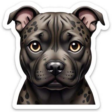 Cinematic Noble Black/Brindle Staffordshire Bull Terrier Portrait Emoji, Poised and regal, with a compact, muscular build and a sleek, well-groomed Fur featuring a striking mix of black and brindle patterns, deep-set soulful dark eyes, Simplified yet sharp and sophisticated features, highly detailed, glowing with a soft, dignified glow, high shine, intelligent and loyal, stylized with an air of strength, focused and attentive, soft glowing outline, capturing the essence of a watchful and confident guardian, so majestic it feels as though it could stride out of the screen with effortless authority! sticker