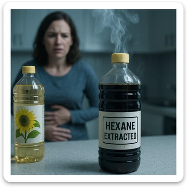 photorealistic surreal kitchen counter with a bottle of vegetable oil (sunflower or soybean), dark oil labeled 'Hexane extracted', toxic vapor rising from the bottle, background with a blurred worried person holding their stomach, cold clinical lighting adding tension sticker