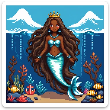 Dark brown skin mermaid princess with long flowing hair and royal accessories in deep blue ocean sticker