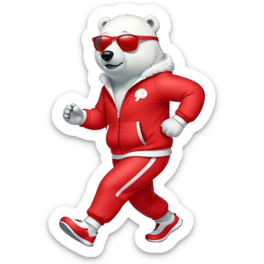friendly anthropomorphised polar bear jogging upright, wearing bright red tracksuit and dark sunglasses sticker