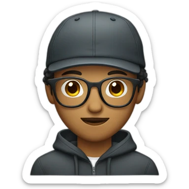 A young man with cap and glasses and and hoodie and mustache  sticker