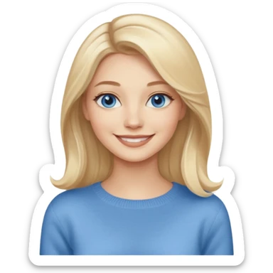 hyper realistic glamourous pale woman, Long blonde balayage hair, smiling, beige sweater & blue eyes sticker