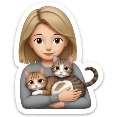 Une femme avec les cheveux dégradée, brun et blond, qui fait un câlin à son chat gris, tigré avec les extrémités que pattes pointe d’oreilles noires et le dessous du menton blanc la fille n’a pas d’oreilles, il n’y a qu’un seul chat sticker