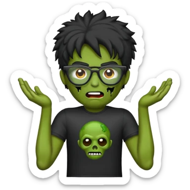 Crie um zumbi estilo emoji do iPhone com cabelo ondulado masculino com camiseta preta e óculos de grau preto sticker