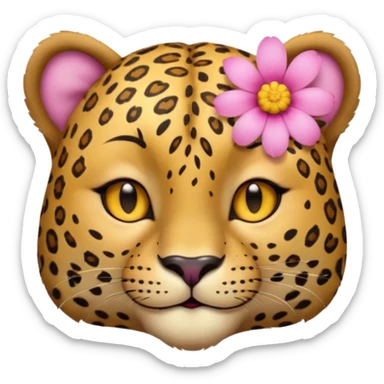 eyes closed, A leopard with peaceful smile, A pink flower with a yellow center is tucked behind its right ear
 sticker