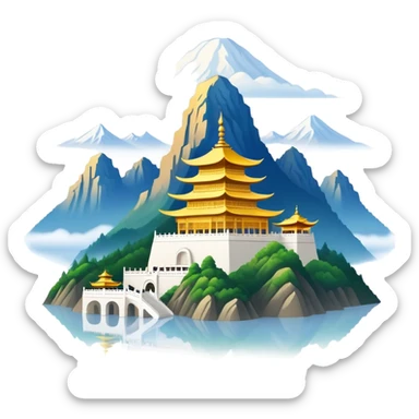 Mount Emei misty peaks with golden temple Sichuan, simplified emoji style with bold outlines and bright colors, cartoon style mountain with clouds sticker