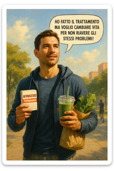 A realistic, cinematic illustration of a man in his early 30s with a determined and hopeful expression, standing outside under a bright morning sky, holding a small box labeled 'Antiparasitic Treatment' in one hand, while in the other hand he holds a fresh green smoothie or a bag of vegetables. A speech bubble near him says: ‘Ho fatto il trattamento ma voglio cambiare vita per non riavere gli stessi problemi!’ The man is wearing casual but clean and sporty clothing, symbolizing a fresh start, with the background showing a city park with green trees, morning light, and people jogging, indicating a healthy lifestyle. The atmosphere is bright, uplifting, and motivating, clearly illustrating the transition from treatment to lifestyle change to prevent future health issues. The style is realistic with warm tones, showing positive energy and commitment to change in italiano sticker