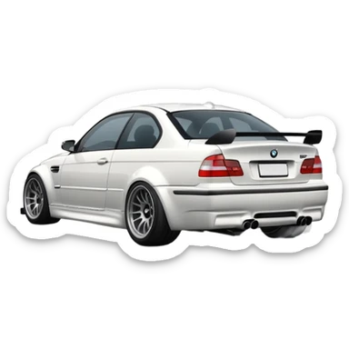 
A white BMW M3 E46 is shown drifting through a corner from a rear-view angle, with a slight wisp of smoke rising from the back and the wheels positioned at a certain angle relative to the turn. sticker